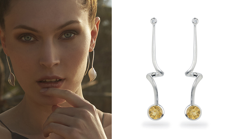 Daniel Bentley statement earrings. Grevillea long earrings and Pirouette earrings with golden citrines are ready to impress