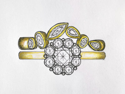 Bespoke wedding band by Daniel Bentley Jewellery, crafted in 18ct yellow gold with mixed diamond shapes.