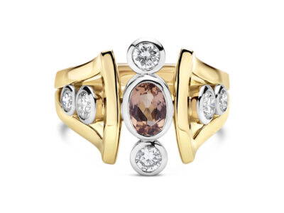 Unique handmade gold ring by Daniel Bentley Jewellery, featuring Imperial Topaz and diamonds in a bold architectural design.