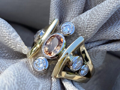 Unique handmade gold ring by Daniel Bentley Jewellery, featuring Imperial Topaz and diamonds in a bold contemporary design.